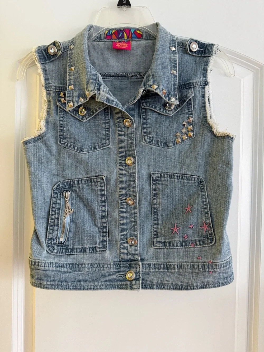 Y2K Star Aesthetic Studded Denim Vest Light Wash Distressed Girls Size 14